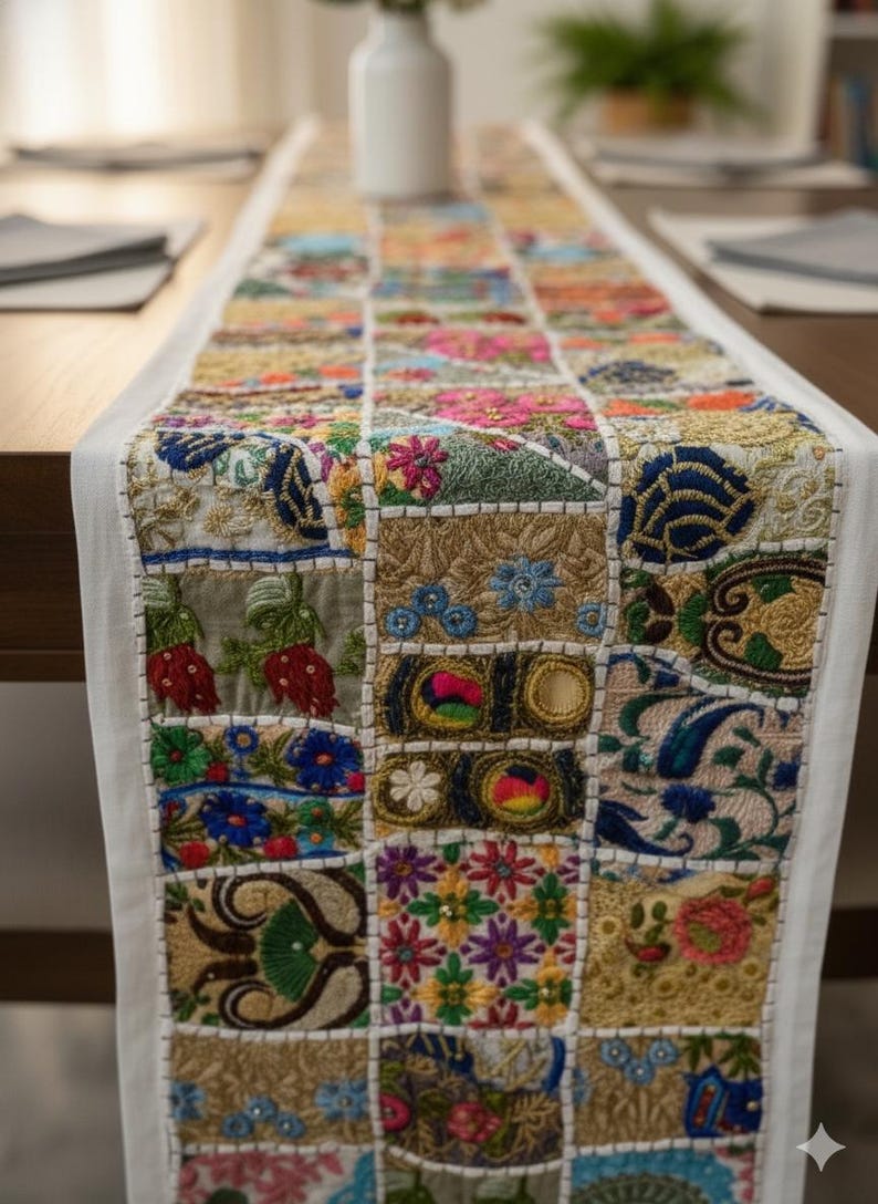 May include: A vibrant patchwork table runner with embroidered squares. The runner showcases floral and geometric patterns in blue, green, red, and gold. The edges are trimmed with white fabric.