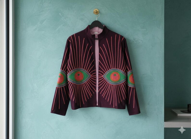 Pode incluir: Casaco borgonha com z&iacute;per e design de olho &uacute;nico. O casaco apresenta um z&iacute;per central, gr&aacute;ficos de olhos rosa e verdes na frente e nas mangas e linhas rosa radiantes. Pendurado em um cabide preto contra uma parede verde-azulado.