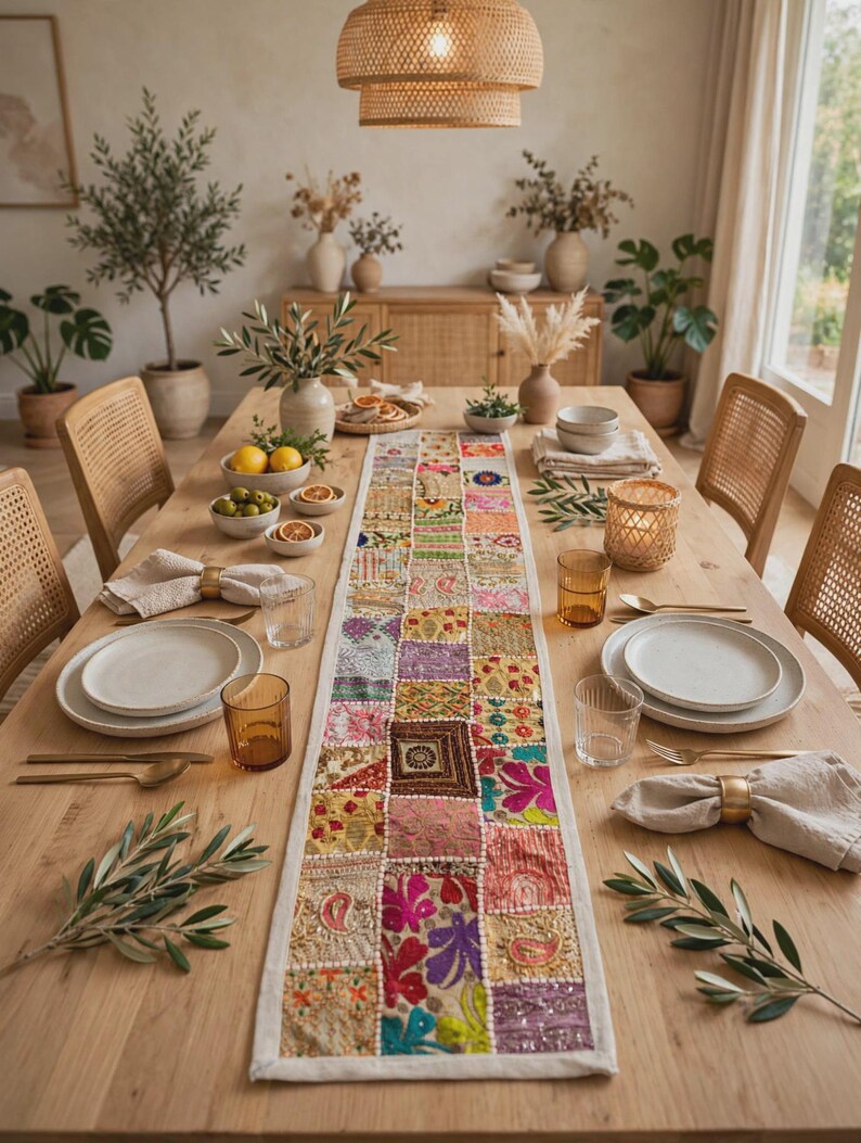 Camino de mesa de patchwork hecho a mano (60 x 15 pulgadas), decoración de sari bordado estilo boho, colorido adorno de mesa indio imagen 5