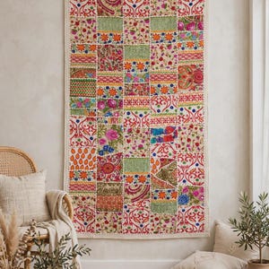 Embroidered Wall Tapestry - Handmade Indian Sari Patchwork Art, Vibrant Ethnic Decor (120x60 cm)
