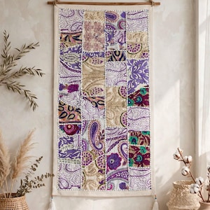 Indiase patchwork muurhanger, boho geborduurd tapijt, boho woondecoratie (80 x 40 cm)