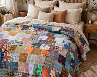 King Size Handmade Kantha Quilt, Vintage Silk Patchwork Bedspread, Boho Indian Blanket