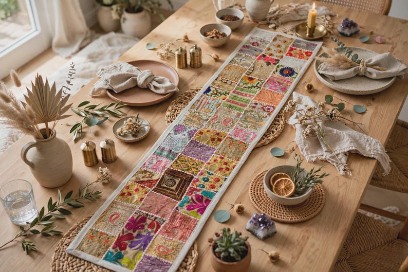 Camino de mesa de patchwork hecho a mano (60 x 15 pulgadas), decoración de sari bordado estilo boho, colorido adorno de mesa indio imagen 4