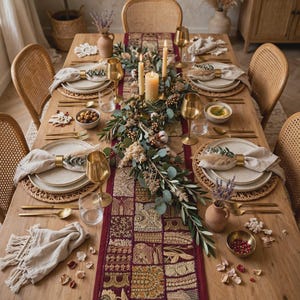 May include: A wooden dining table set for six with a burgundy embroidered table runner, cream-colored plates on woven placemats, gold-toned flatware, gold-toned wine glasses, linen napkins with gold rings, and a centerpiece of eucalyptus and candles.