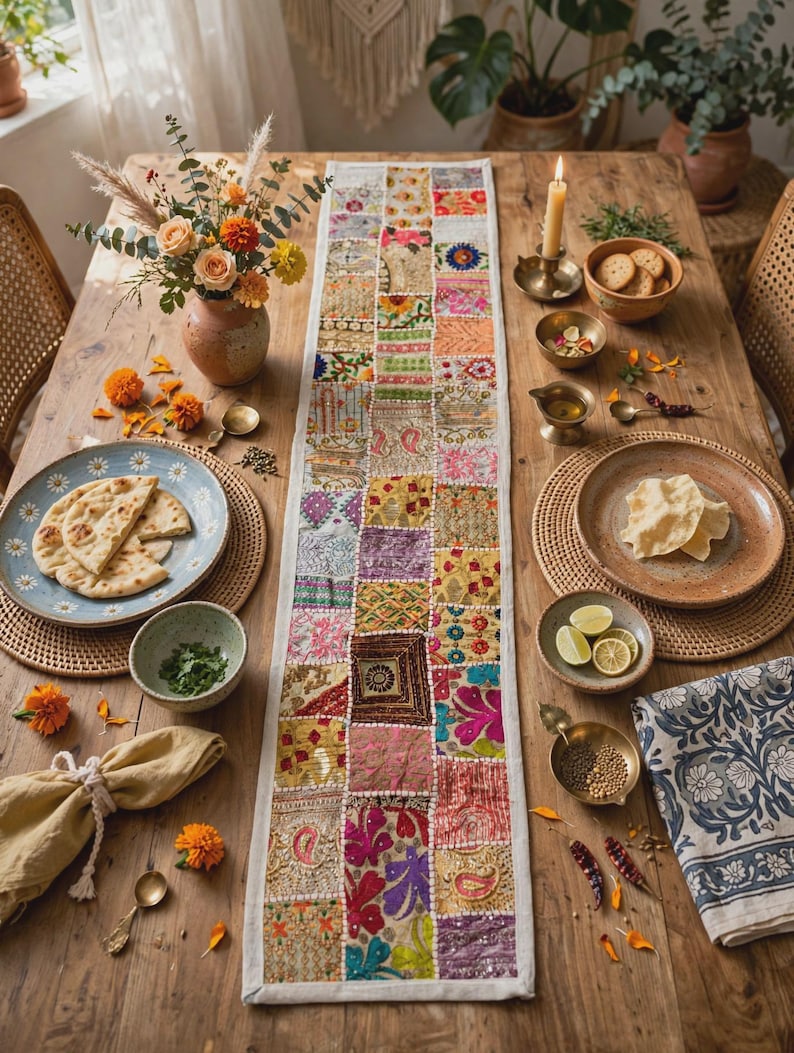 Camino de mesa de patchwork hecho a mano (60 x 15 pulgadas), decoración de sari bordado estilo boho, colorido adorno de mesa indio imagen 1