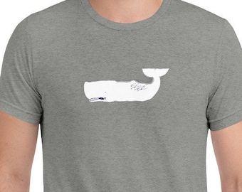 May include: A heather grey t-shirt with a white silhouette of a sperm whale on the front.