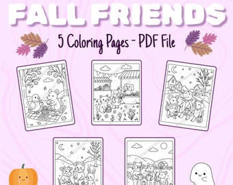 Fall Friends - Cute Fall Halloween Animal Coloring Pages Digital Download | Autumn Woodland Creatures Printable Coloring Book Kids & Adults