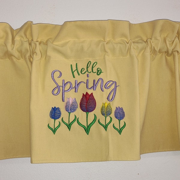 Hello Spring,  Embroidered Yellow Valance Curtain, Window treatment. Positive saying Home Decor. Kitchen, classroom, kids,  office, wide 58"