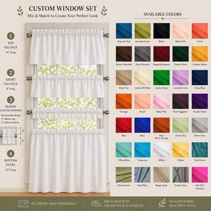 May include: White custom window set with top valance (14" long), short valance (8" long), sleeve, and bottom panel (24" long). Available in various colors, including Peacock Teal, Avocado Green, and Red.