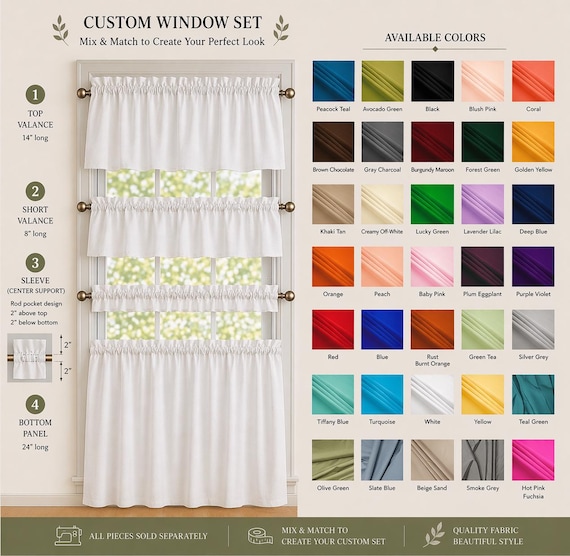 Window Valance, Sleeve Topper, Bottom Ruffle, door Curtain, Tiers caffe, Counter, sink skirt, counter, Select Color and style, Custom Size