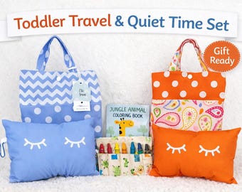 Toddler Travel Activity Set, Personalized Nap Pillow and Tote, Crayon Roll, Coloring Book, Quiet Time Kit, Daycare, gift for Boy or Girl.