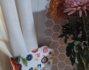 Tie back, boho floral Bohemian,  curtain tie backs. Grommet.  Girls nursery decor, girls , teens window decor. Sunroom etc.