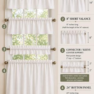 May include: White window valances and panels are displayed, showcasing a mix-and-match design. The top valance is 14 inches long, the short valance is 8 inches, and the bottom panel is 24 inches. A connector sleeve provides structure.
