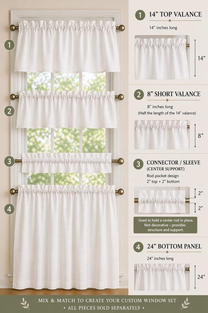 May include: White window valances and panels are displayed, showcasing a mix-and-match design. The top valance is 14 inches long, the short valance is 8 inches, and the bottom panel is 24 inches. A connector sleeve provides structure.
