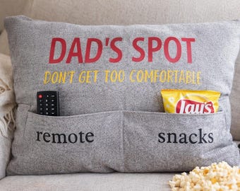 Dad’s Spot Pillow with Pockets | Remote & Snacks Holder | Funny Gift for Dad | Couch Organizer Cushion, birthday, Grandpa, Abuelo