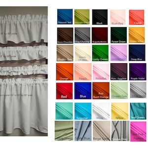 May include: White ruffled valances and curtain panels with text indicating sizes. A color chart displays various fabric colors, including red, blue, and green. The valances are 14" by 58" wide, 8" by 58" wide, and a sleeve A by 58" wide.