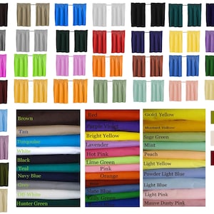 May include: A collection of various colored curtain panels, including black, white, blue, red, and green. The image also displays fabric swatches with color names like "Gold Yellow", "Hot Pink", and "Navy Blue".