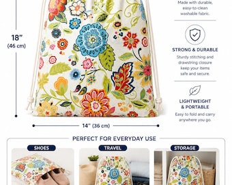 Floral Boho drawstring bag, washable travel bag, shoe storage , packing organizer, reusable fabric  gift . girls doll bag, small laundry bag