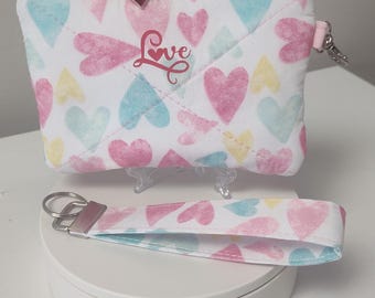 Love Wristlet Pouch – key chain Handmade Zipper Bag, Detachable Strap & Charm, gift for Valentine's , mothers day, woman, teens, bridesmaids