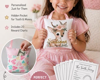 Personalized Tooth Fairy Pillow with Pocket – Fairy Tooth Pillow for Girls – First Lost Tooth Gift – Custom Name Tooth Fairy Pillow