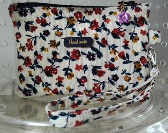 Floral Corduroy Wristlet Pouch – Handmade Zipper Bag, Detachable Strap & Charm, quilted. Small purse. Gift for her, woman, teens, multi use