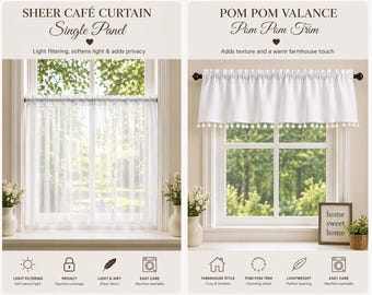Farmhouse Sheer Café Curtain & Pom Pom Valance – Light Filtering Window Set optional, white, Cottage, Custom Size Avble