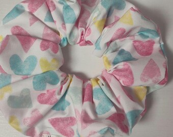 Jumbo Scrunchie Pastel Hearts | Oversized Handmade Hair Scrunchie | Cute Soft Hair Accessory | Gift for Girls & Women, Love, mom, Valentine