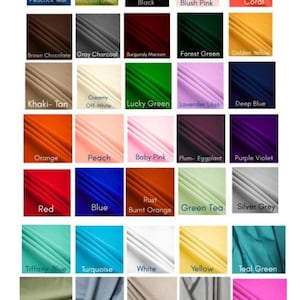 May include: A color chart featuring a variety of fabric swatches. The chart displays a range of colors, including Peacock Teal, Avocado Green, Black, Blush Pink, Coral, Brown Chocolate, Gray Charcoal, and more. Each color is labeled.