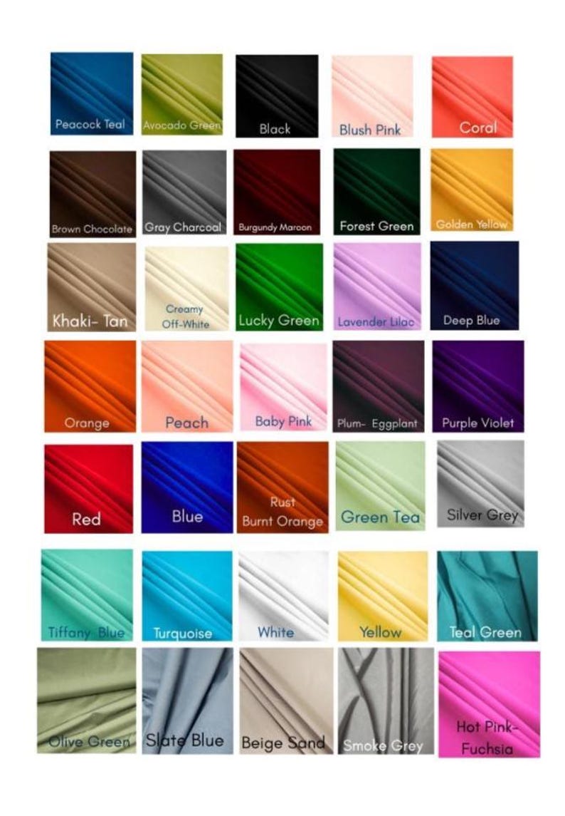 May include: A color chart featuring a variety of fabric swatches. The chart displays a range of colors, including Peacock Teal, Avocado Green, Black, Blush Pink, Coral, Brown Chocolate, Gray Charcoal, and more. Each color is labeled.
