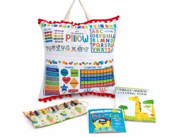 Kids Reading Pillow with Pocket, Learning Pillow Set, Toddler Travel Activity, Preschool Gift, Quiet Time Pillow, Crayon Roll Included