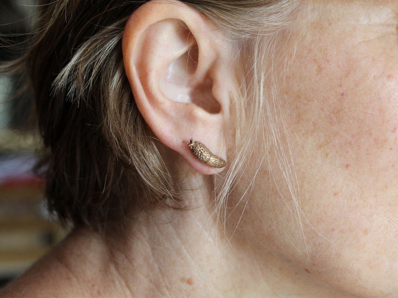 Sister Slug Earrings, Bronze, Handcarved, Slug Studs. image 1