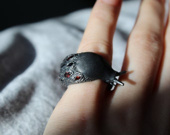 Garnet and Black Sapphire Slug Ring, Snail Jewellery, Contemporary Jewellery, Hand carved