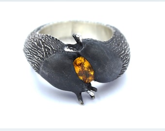 Yellow Sapphire Ring, Sterling silver, Slugs in Love, Statement Ring, Hand Carved