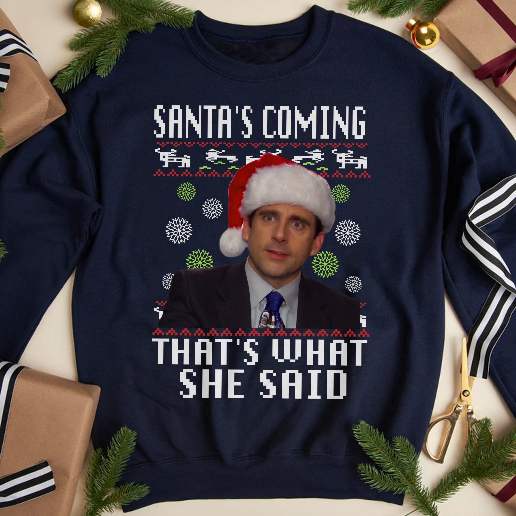 Discover The Office Christmas Ugly Sweatshirt, Santa's Coming That What She Said Vintage Sweatshirt, Michael Scott Funny Xmas Graphic Sweatshirt Gift LK628
