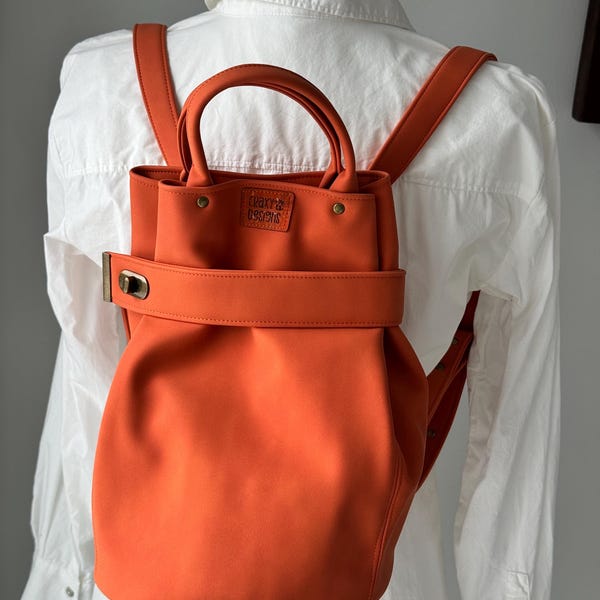 Orange faux leather backpack purse — handmade women's bag by Craxy Designs