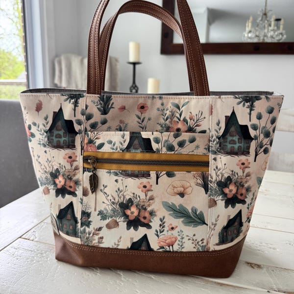 Cottage tote bag — handmade whimsical floral tote with faux leather trim by Craxy Designs