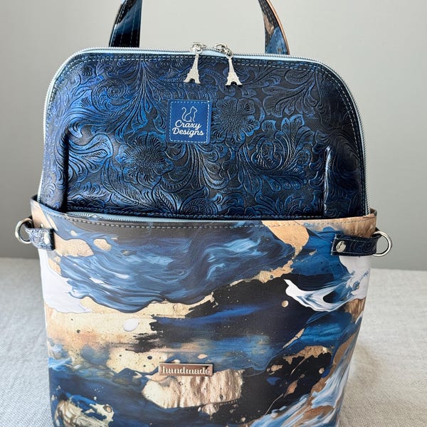 Handmade convertible backpack purse in metallic navy faux leather by Craxy Designs