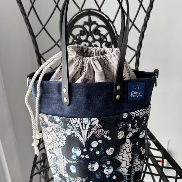 Navy waxed canvas bucket bag — handmade knitting and craft project bag by Craxy Designs