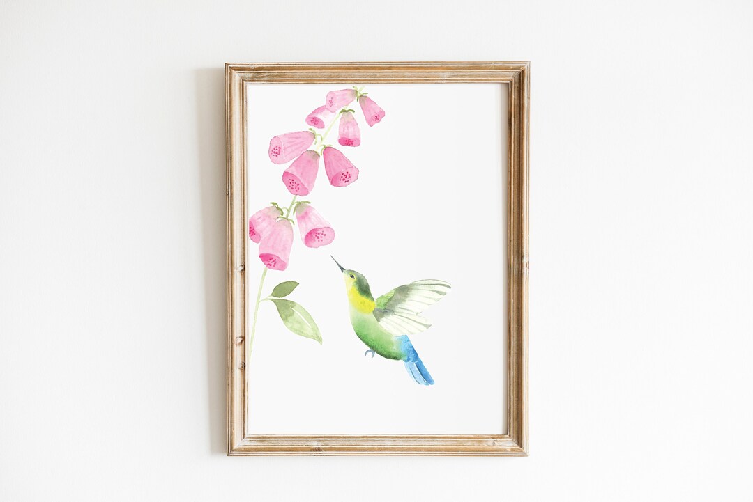Hummingbird and Flower Art Print, Foxglove Print, Hummingbird Wall