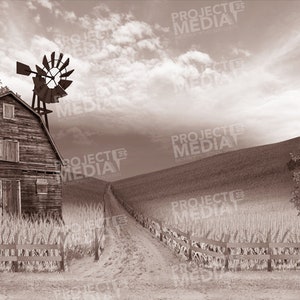 May include: A sepia-toned photograph of a rustic wooden barn with a windmill, surrounded by a field of tall grass and a wooden fence. The barn has a large wooden door and two windows. The windmill is made of wood and metal and has three blades. The field is covered in tall grass and there is a dirt path leading to the barn.