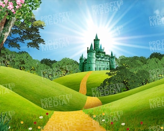 Camino de baldosas amarillas hacia el bosque y el palacio. Telón de fondo para escenario en formato digital para proyección en el escenario del teatro, a menudo utilizado en El mago de Oz.