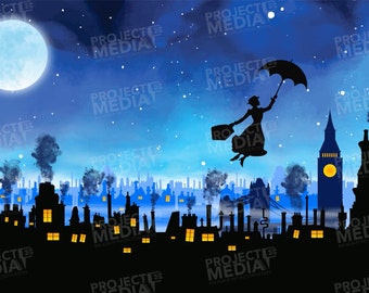 Animated night sky with silhouette of Mary Poppins flying across London Night Sky Backdrop in Digital Format for projection onto stage
