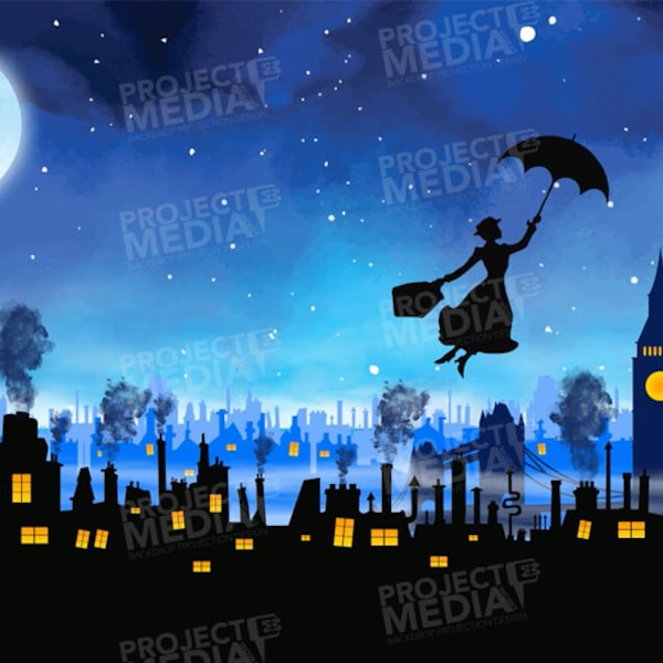 Animierter Nachthimmel mit Silhouette von Mary Poppins, die über den Londoner Nachthimmel fliegen