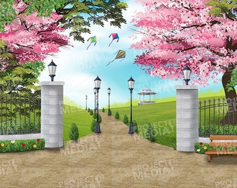 Park Scene with Kites Stage Backdrop in Digital Format for projection onto theatre stage often used in Mary Poppins