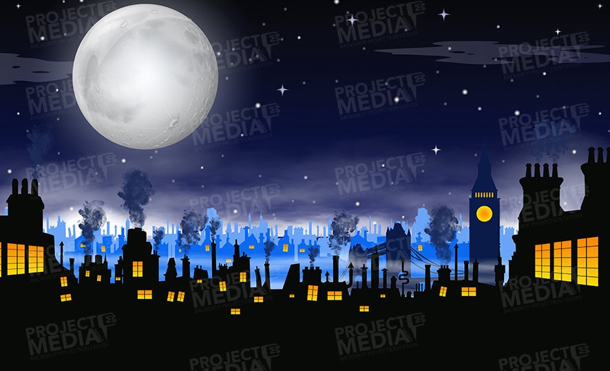 City / London Silhouette at Night 1 Stage Backdrop in Digital Format for projection onto theatre stage often used in Mary Poppins