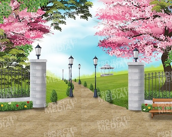 Colourful Park / Green Area Gates Stage Backdrop in Digital Format for projection onto theatre stage often used in Mary Poppins