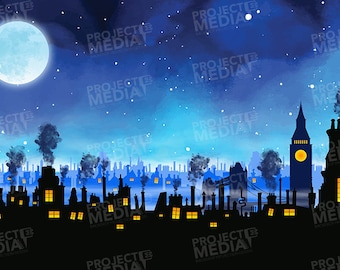 City / London Silhouette at Night 3 Stage Backdrop in Digital Format for projection onto theatre stage often used in Mary Poppins