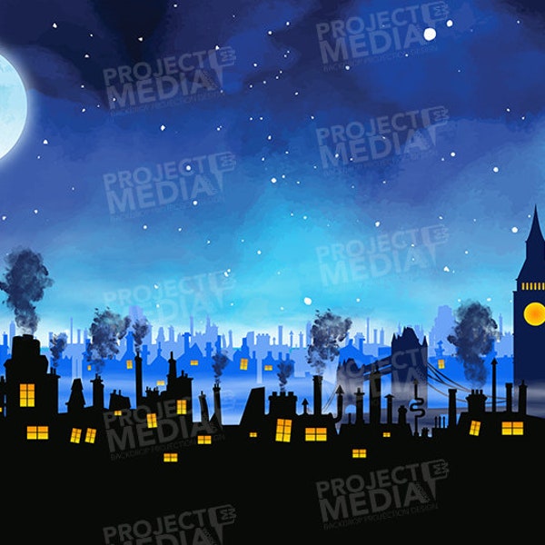 City / London Silhouette at Night 3 Stage Backdrop in Digital Format for projection onto theatre stage often used in Mary Poppins