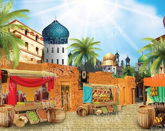 Arabian Market Stage Backdrop in Digital Format for projection onto theatre stage often used in Aladdin