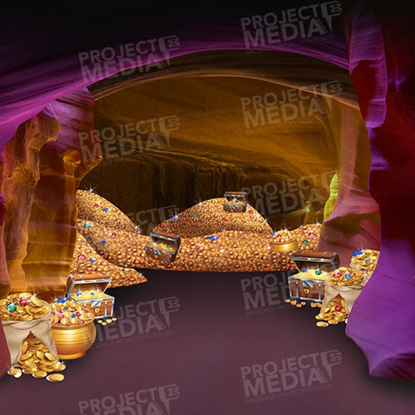 Cave Filled with Treasure Stage Backdrop in Digital Format for projection onto theatre stage often used in Aladdin